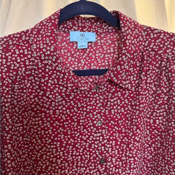 CeCe Women's L Long Sleeve Button-Down Red Floral Blouse with Collar - Picture 2 of 8